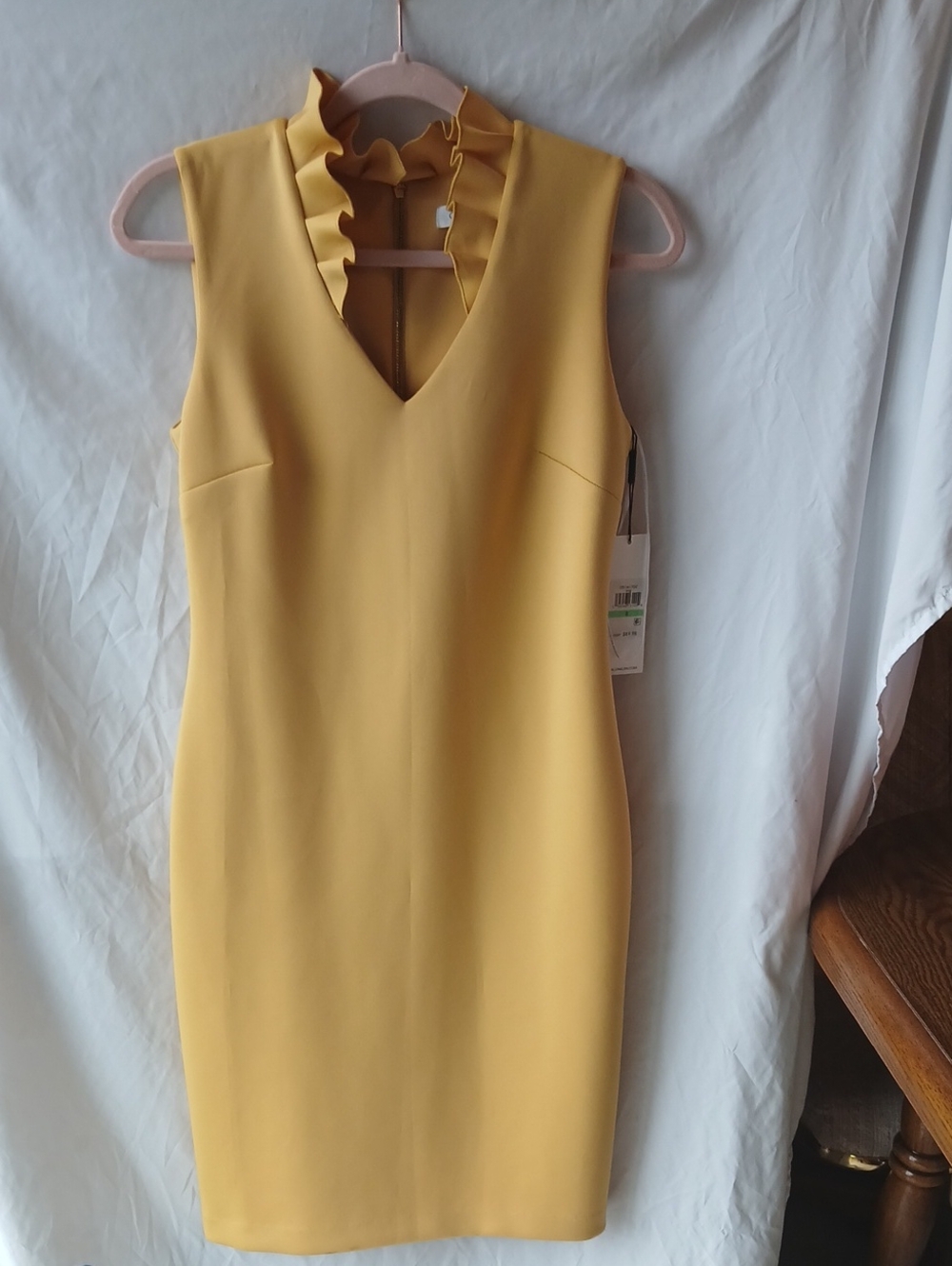Calvin Klein Yellow V-Neck Ruffle-Trim Midi Sheath Dress